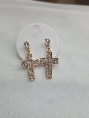Women's Gold Tone Rhinestone Cross Earrings Dangle Fashion Trendy NWOT